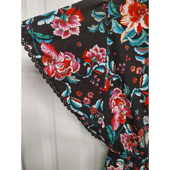 Monteau Floral Top Shirt Lace Trim Elastic Waist Blouse Medium Multi Color - Picture 5 of 8